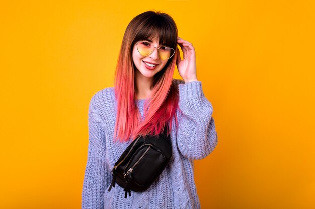 Young stylish wonderful girl with belt bag