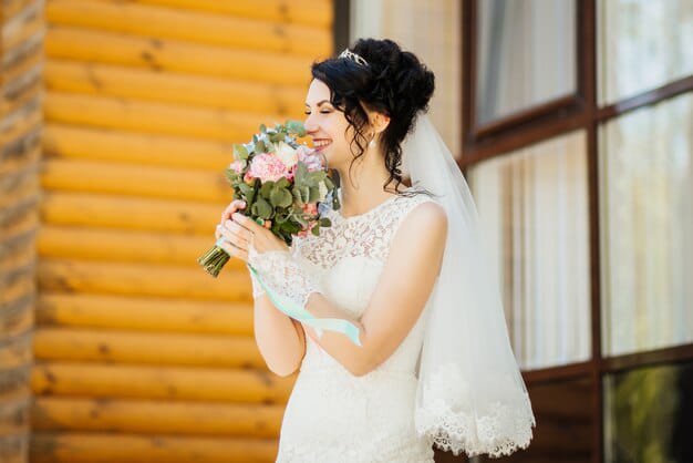 bride with bouquet smiling wedding portrait beautiful bride wedding day