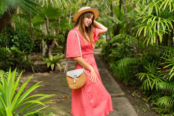 pretty girl posing in summer dresses with sleeves