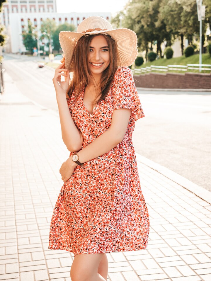 posing women summer wrap dresses with hat