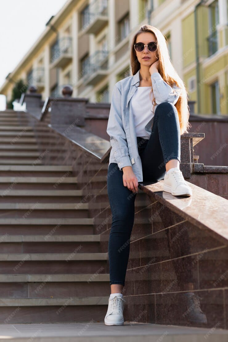 posing girl on street in black jeans with top and jacket