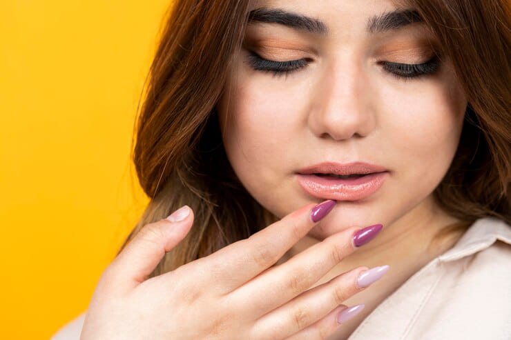 closeup photo beautiful lady showing or long nails