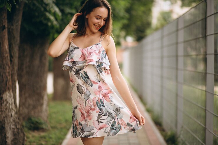 happy woman posing in floral dress