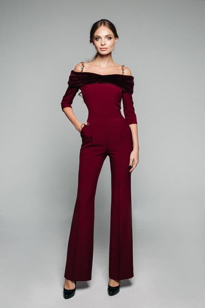 pretty woman wearing off shoulder jumpsuit