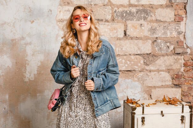 attractive stylish women denim jacket with maxi dress wall street look