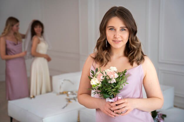 summer wedding guest dress wearing smiling women with bouquet