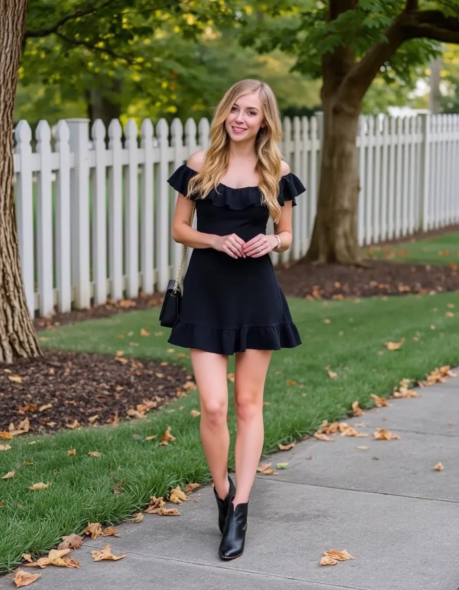 off the shoulder black mini dress look