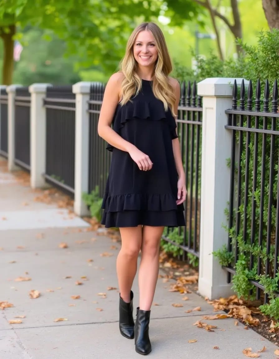 smiling young woman posing look in ruffled mini dress