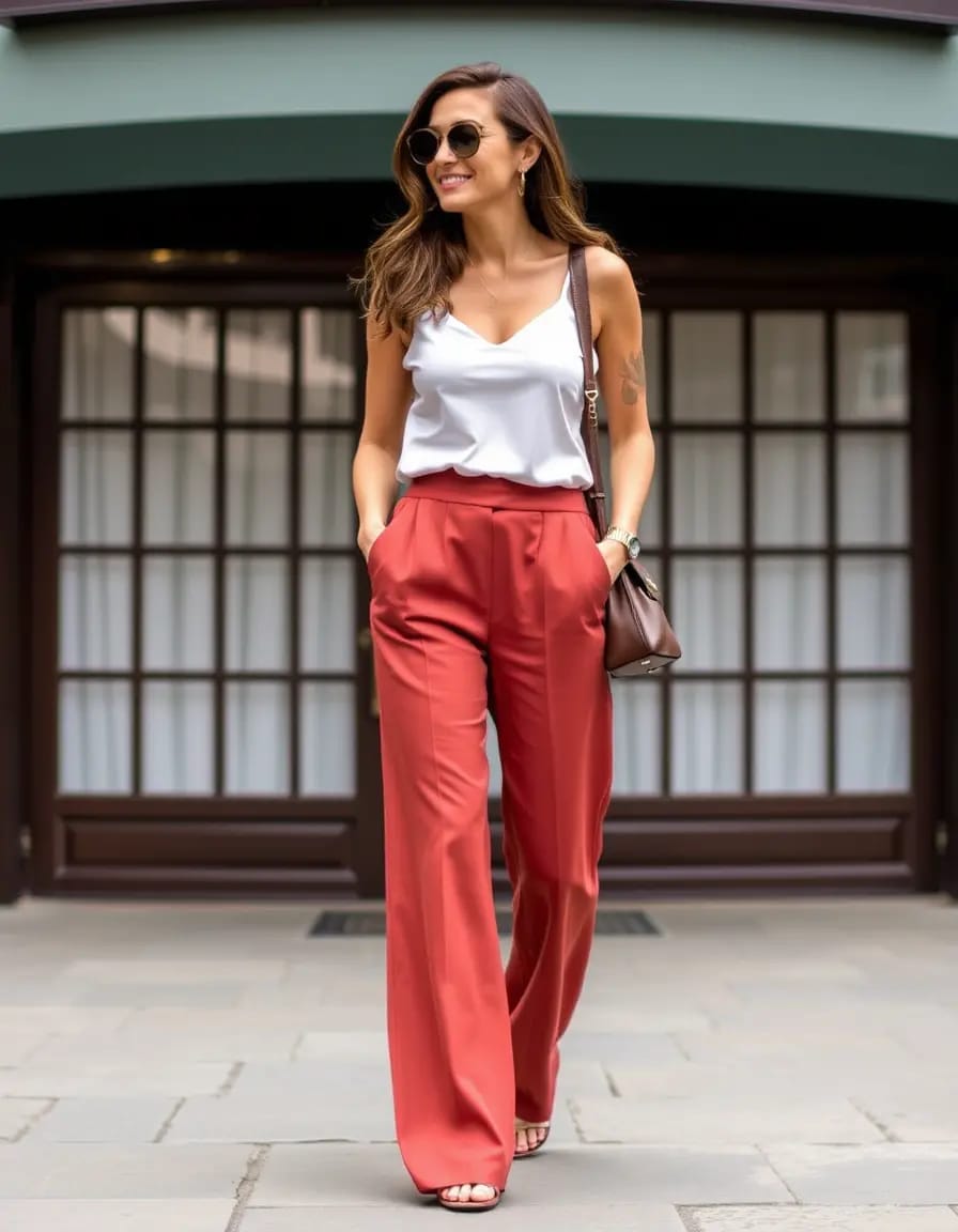 young women wearing silk top with wide leg pants