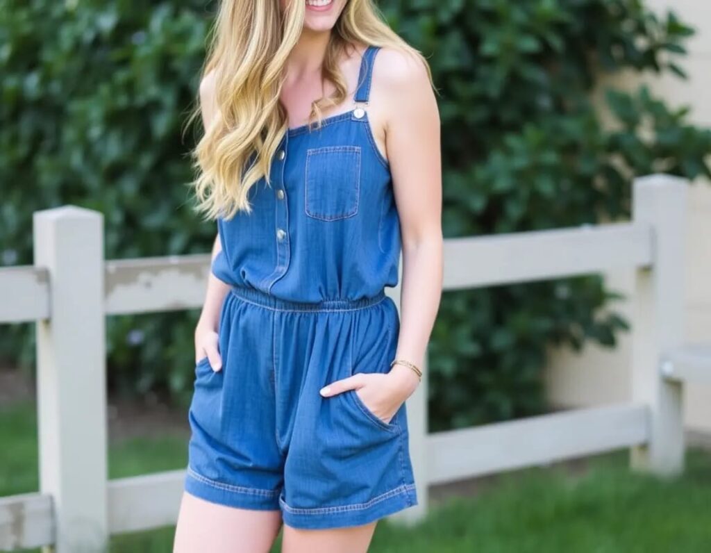 stylish pretty woman denim romper posing look