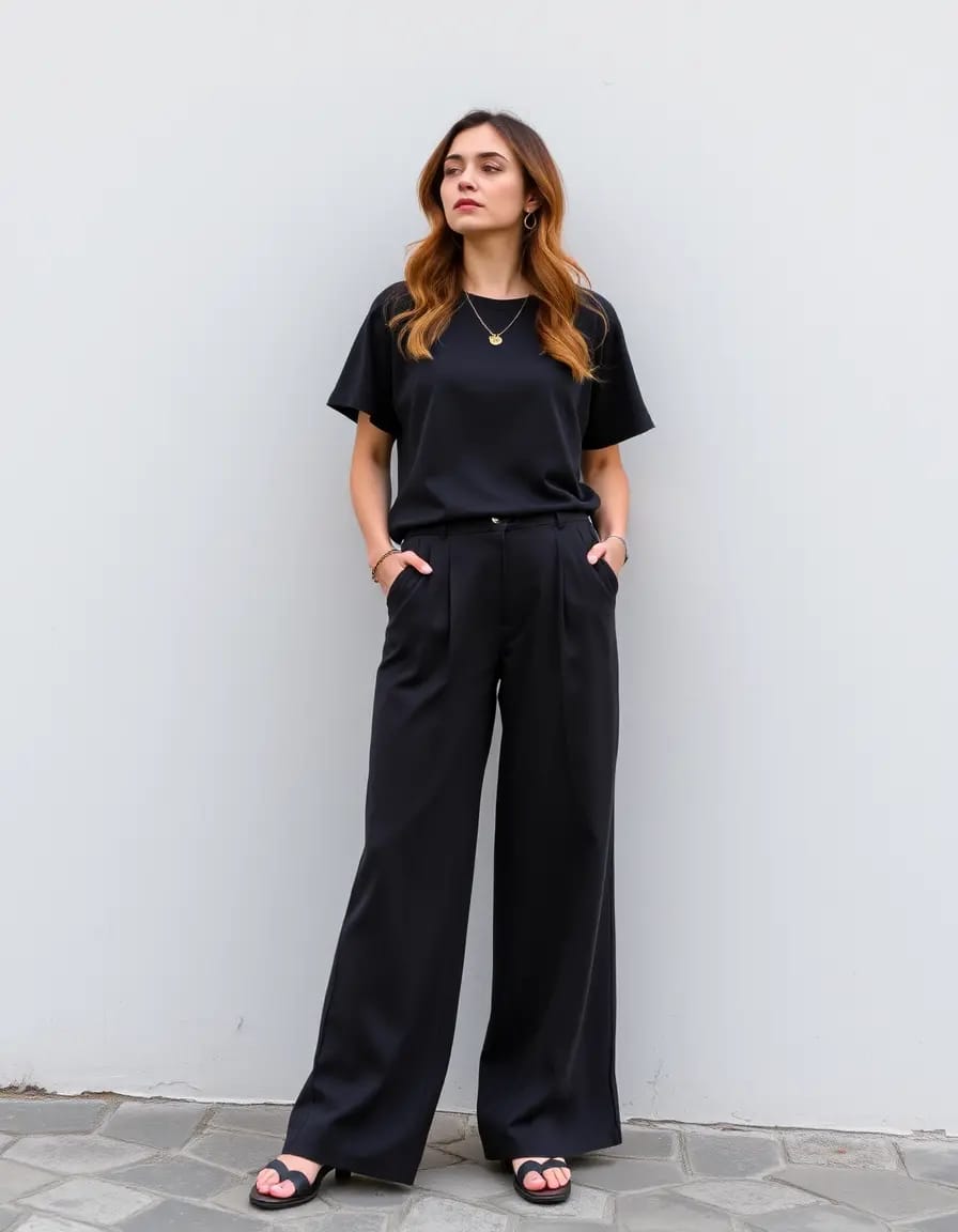 simple women posing in wide leg pant with t shirt