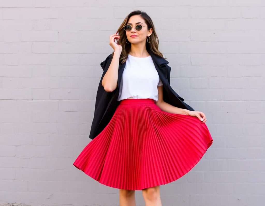 young woman wearing red pleated skirt chic and stylish look