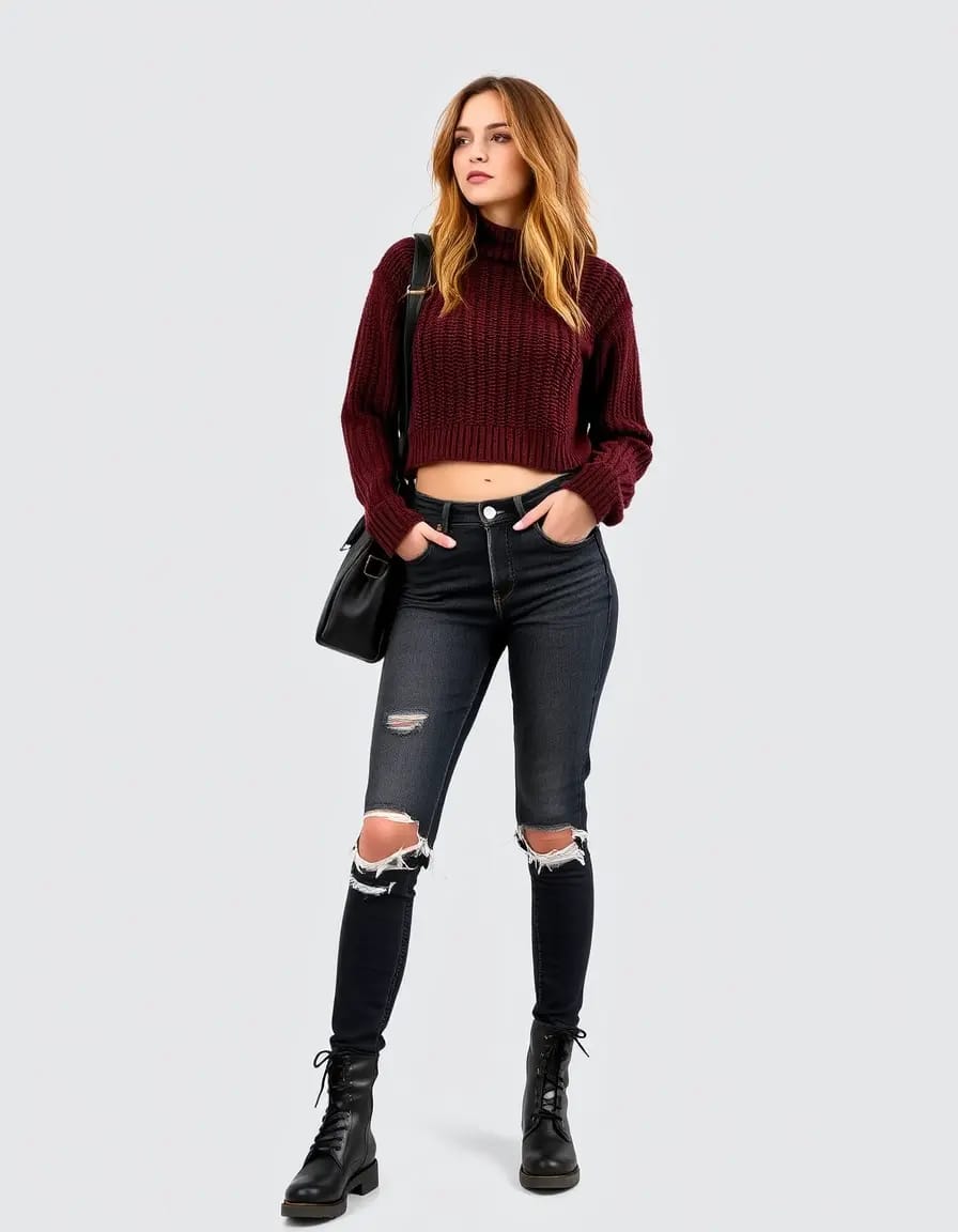 stylish young women cropped sweater with high waisted jeans and combat boots