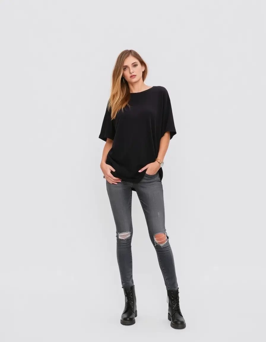 oversized tee with skinny jeans wearing women portrait look