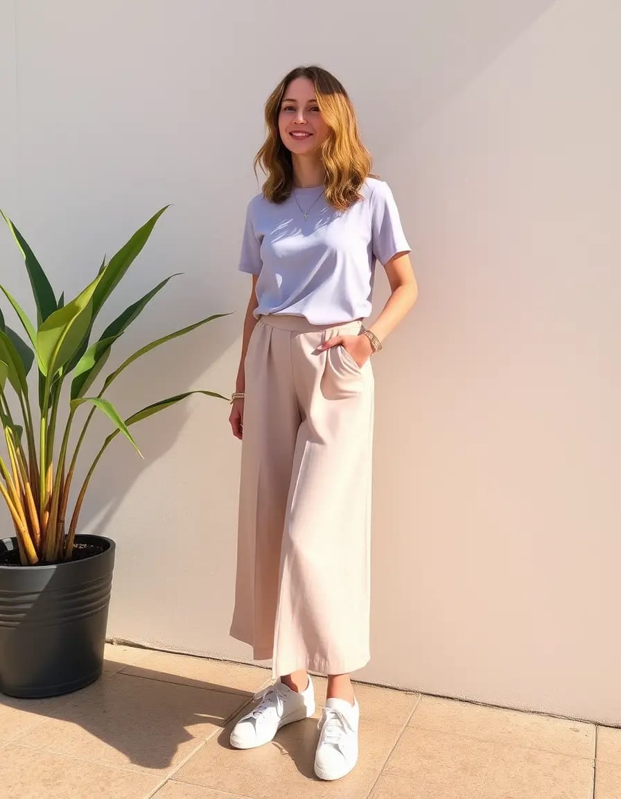 young women smiling look wearing cluottes with sneakers