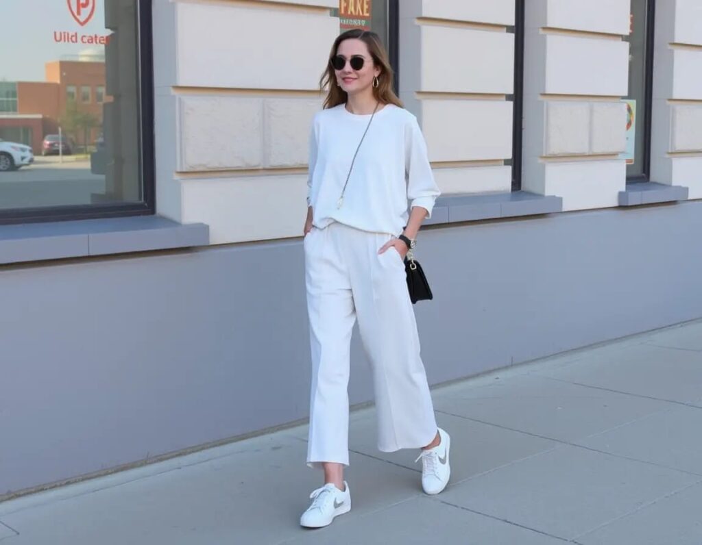 young women look in oversized white tee and cluottes with sneakers