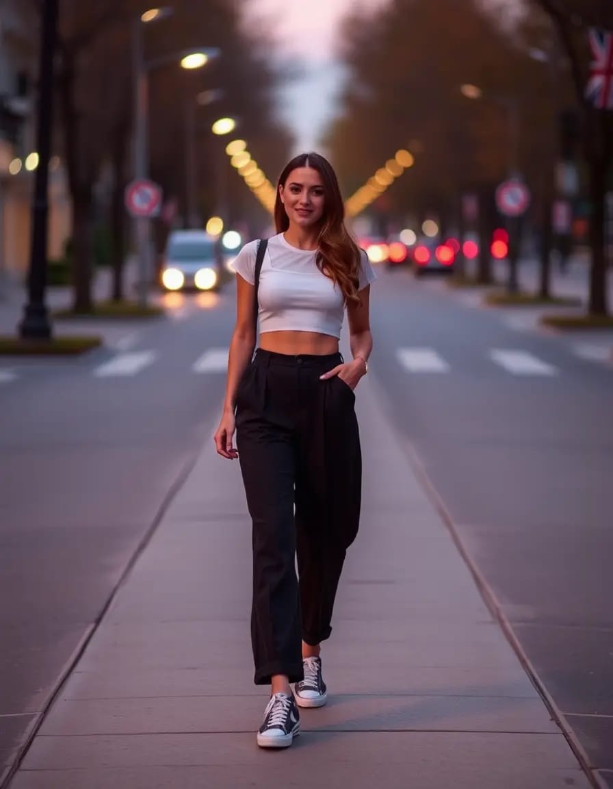 charming young women look in crop top with culottes