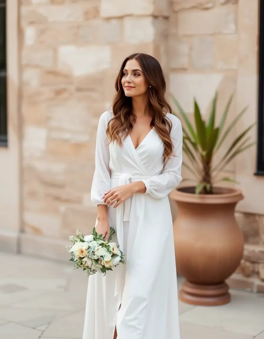 long sleeve wrap dress bride charming look holding bouquet