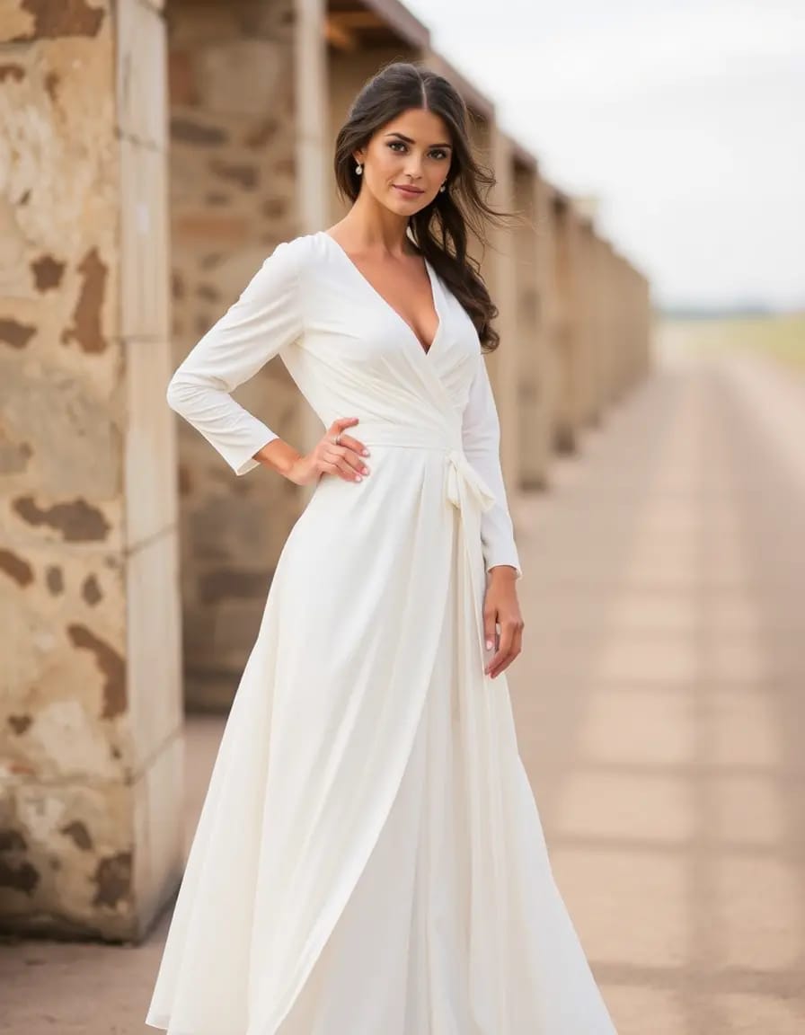 young bride look in wrap dress