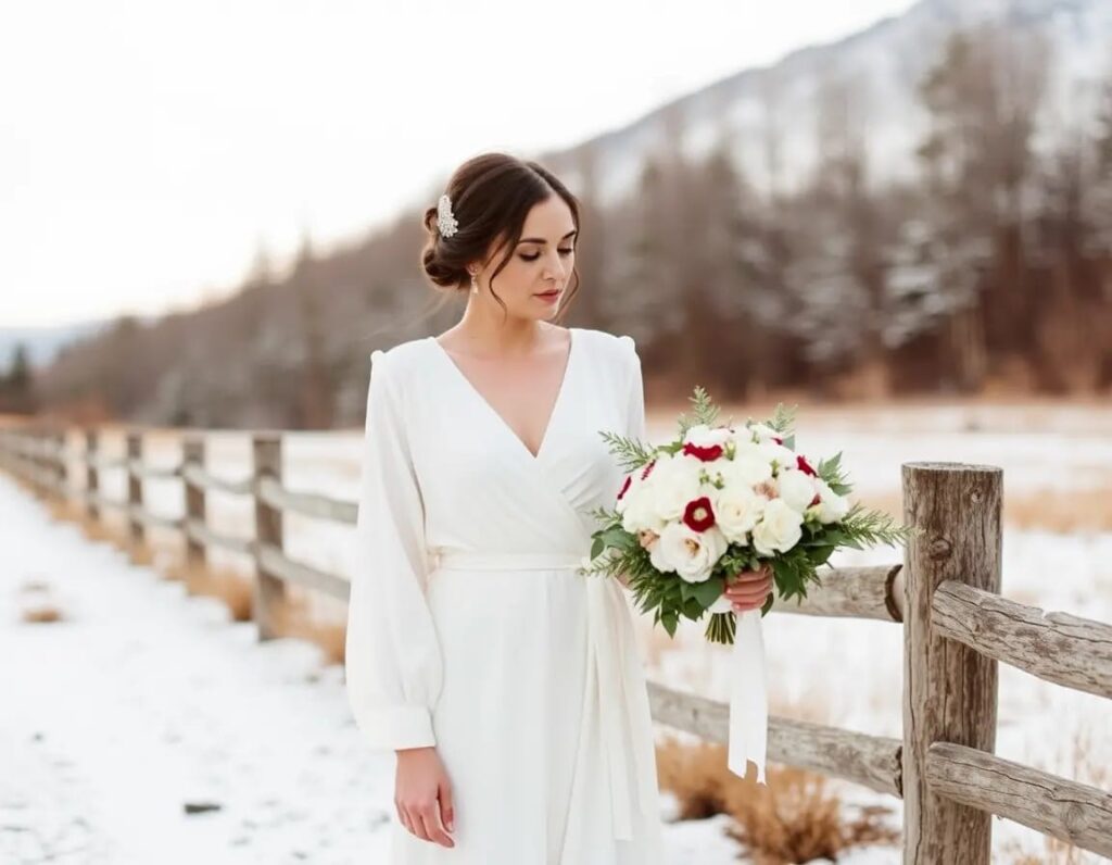 long sleeve wrap dress winter bride posing look