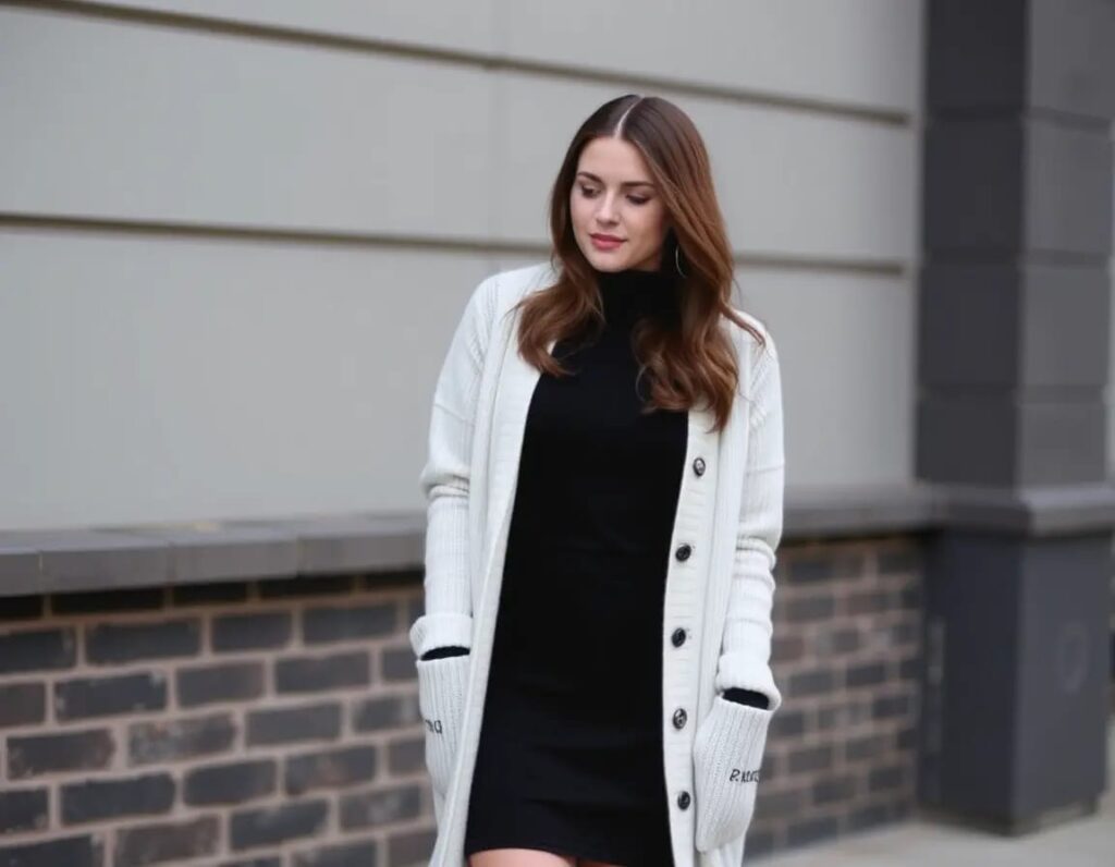 young stylish women long cardigan over a turtleneck dress