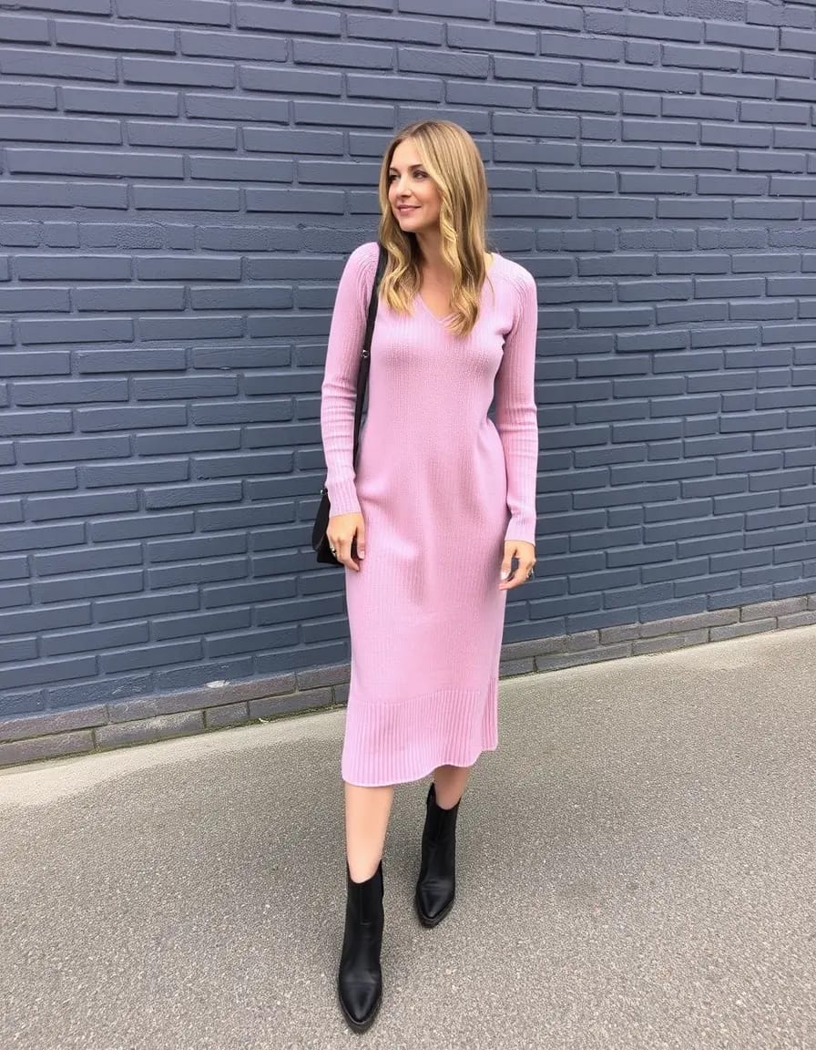 charming young women pink knit dress with ankle boots