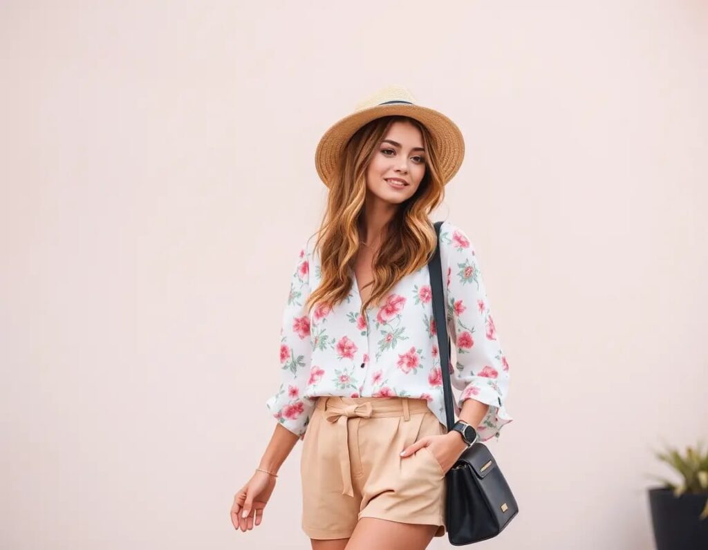 floral blouse with high waisted shorts women look