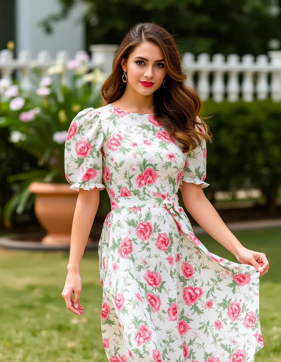 charming young women floral dress with puff sleeves posing look