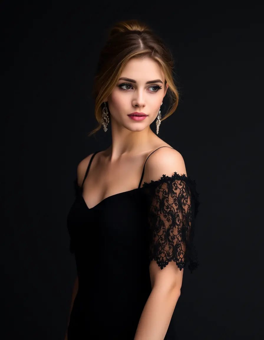 pretty young women black dress with lace sleeves look