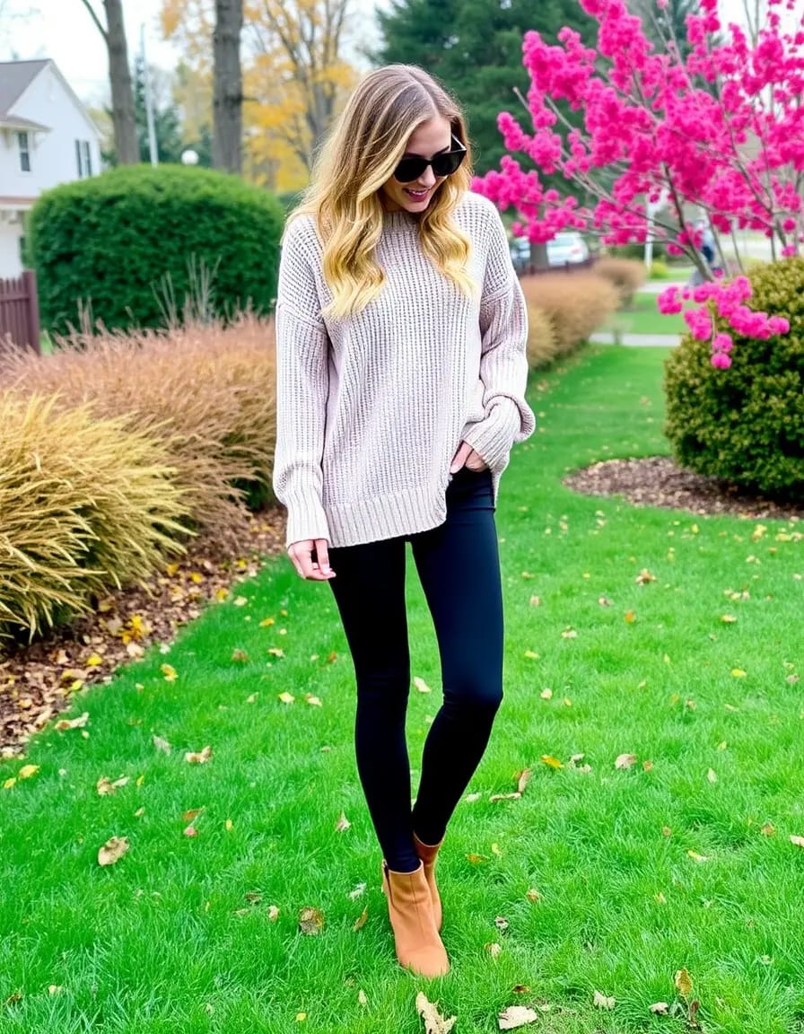 young women garden look in oversized sweater with leggings and ankle boots