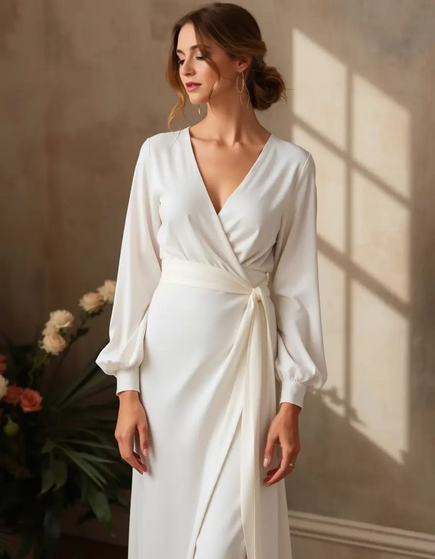 bride look in wrap dress