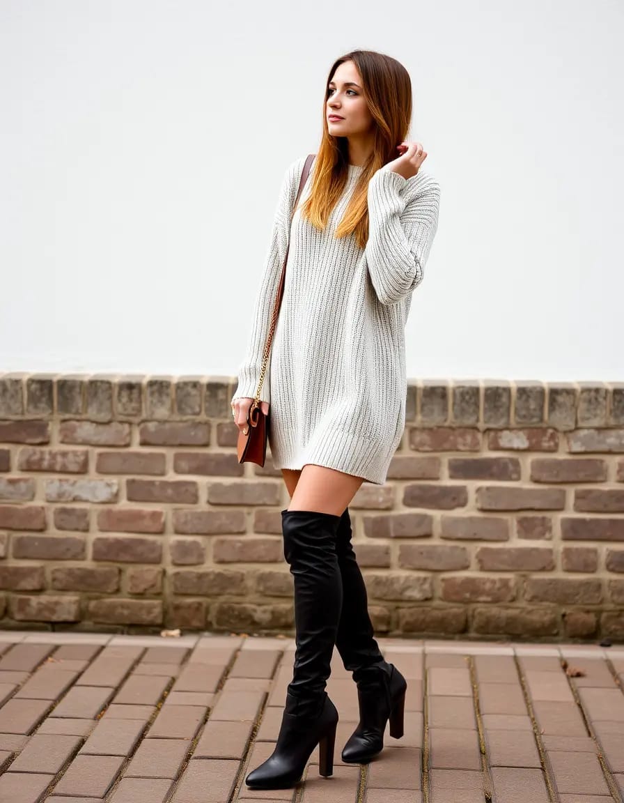 young women casual look in sweater dress with boots