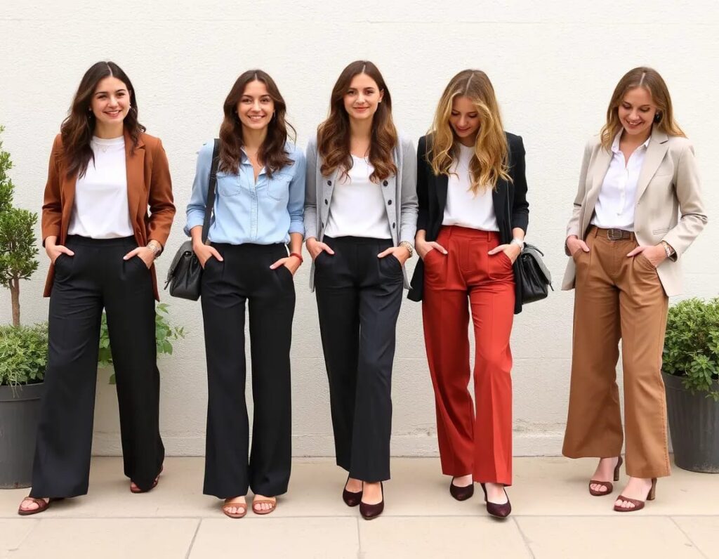 young group women wearing wide leg trousers with different shoes posing look