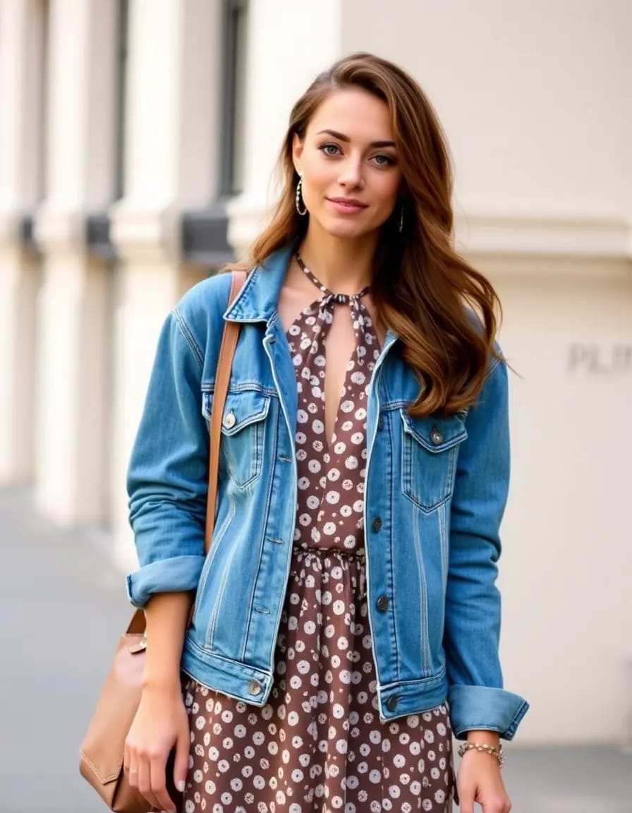 simple women look wearing halter neck dress with denim jacket