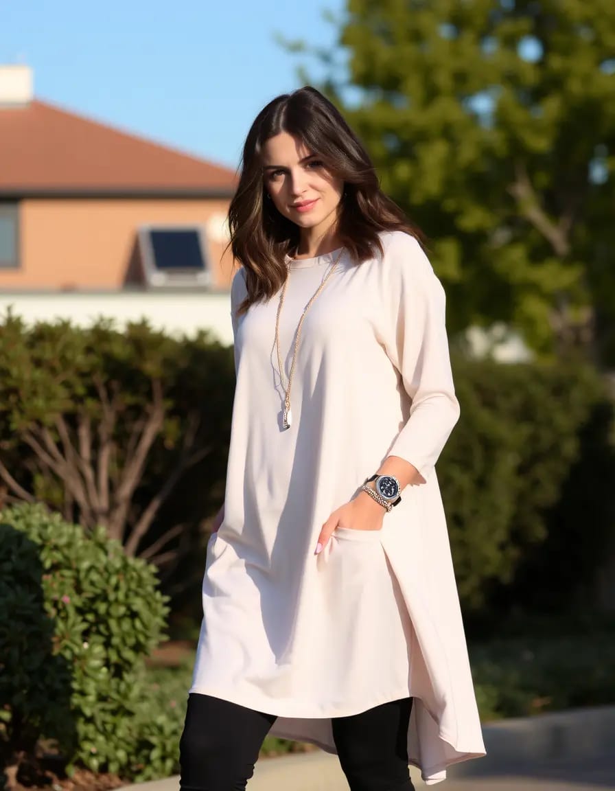 simple women posing look wearing tunic dress with leggings