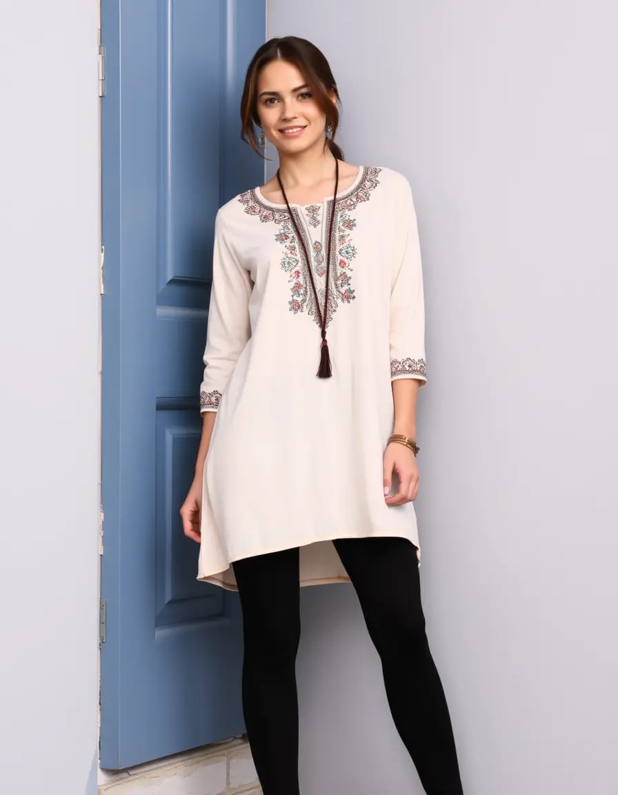 young women smiling look in tunic dress with leggings