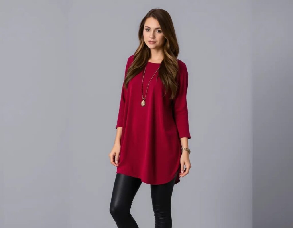 young women look in tunic dress with leggings