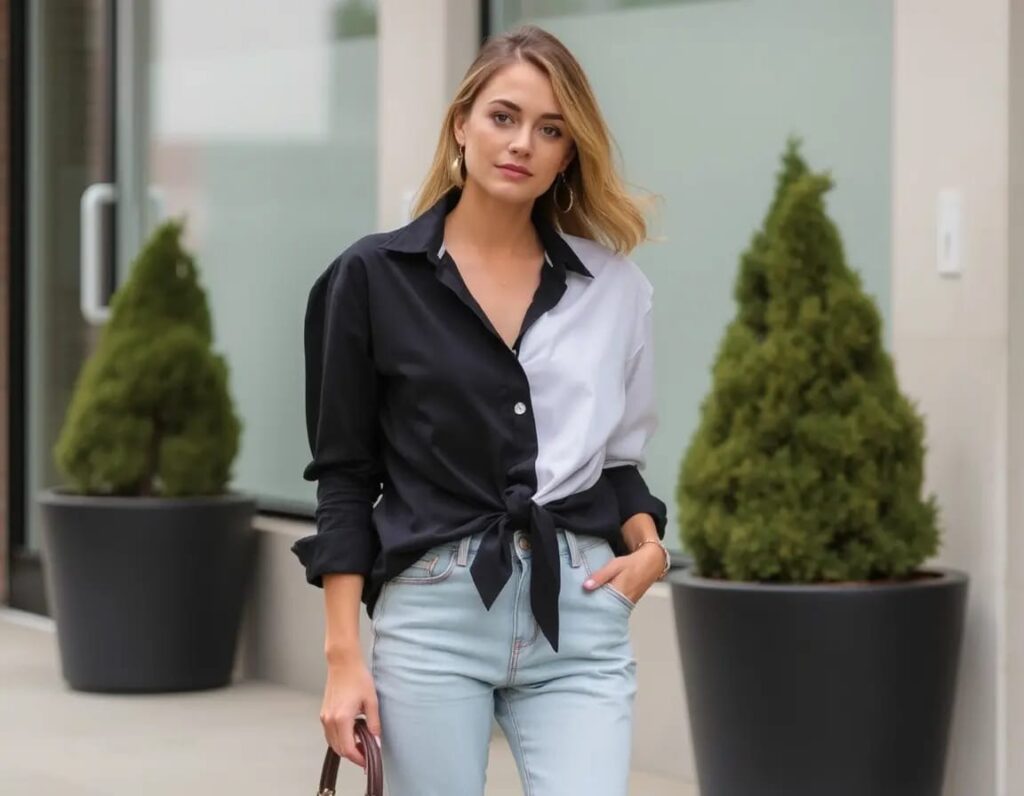 stylish women knotted shirt with jeans look