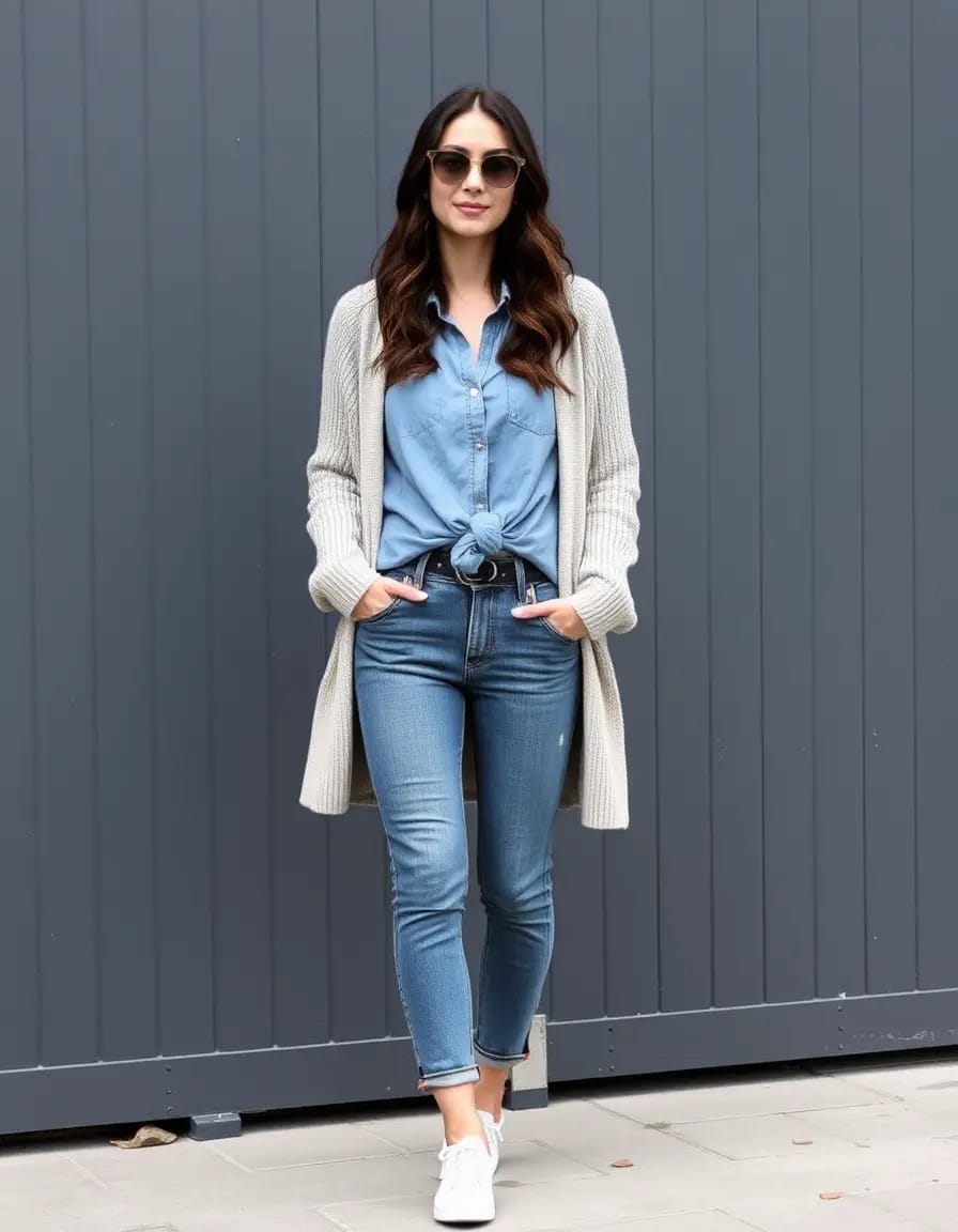 charming young women look wearing knotted shirt with jeans