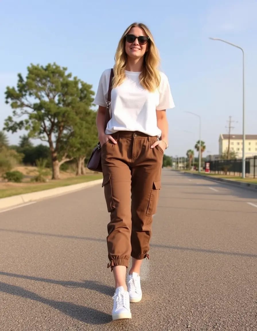 charming women look in simple white tee with cargo pants