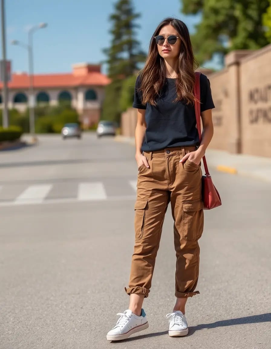 young women standing in the middle of a street wearing simple tee with cargo pants