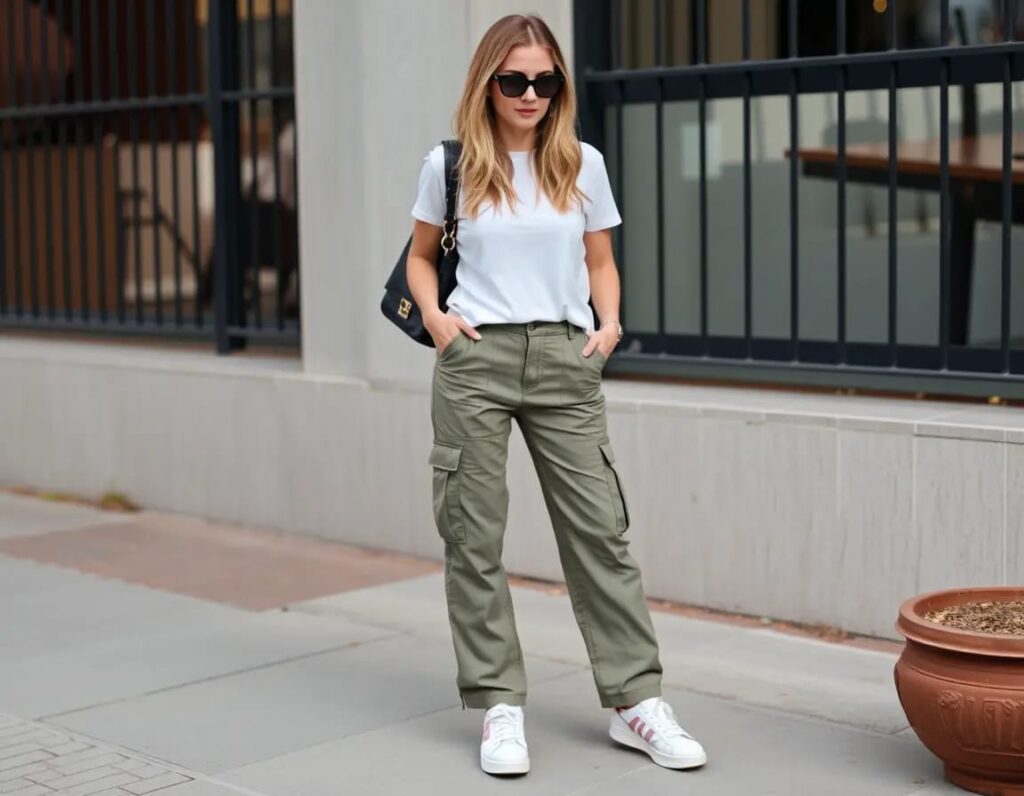 simple women look in casual white tee with cargo pants