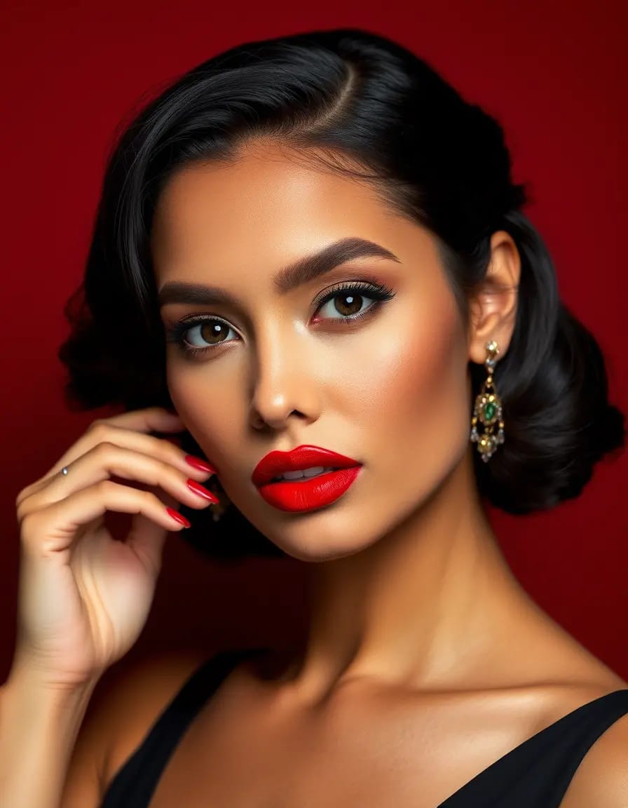 A person wearing chic black dress and striking red lipstick , exuding confidence and style