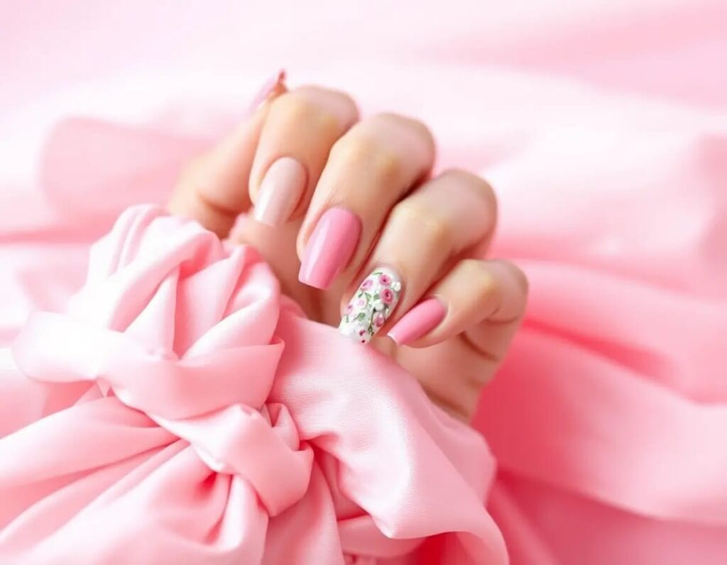 a close-up of a person's hand with a pink nail art