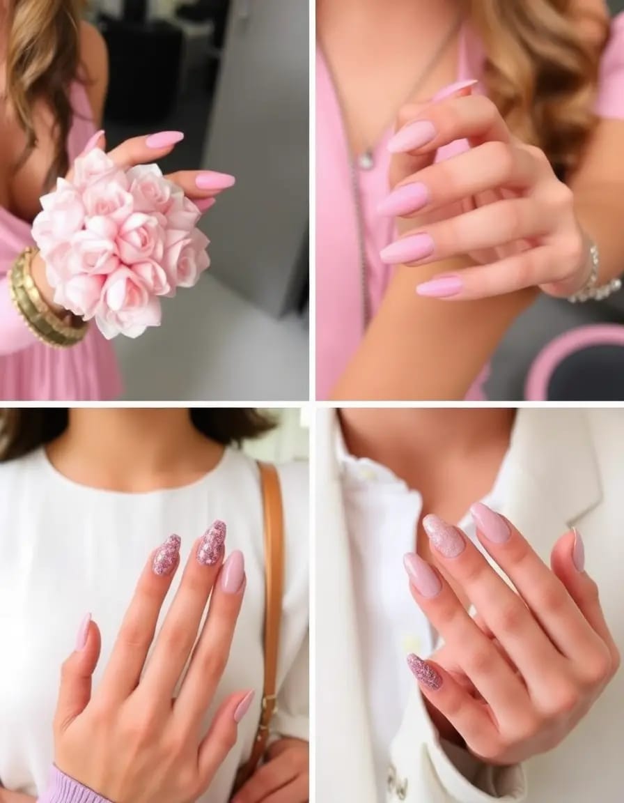 four set of images shows nails that go with pink dress