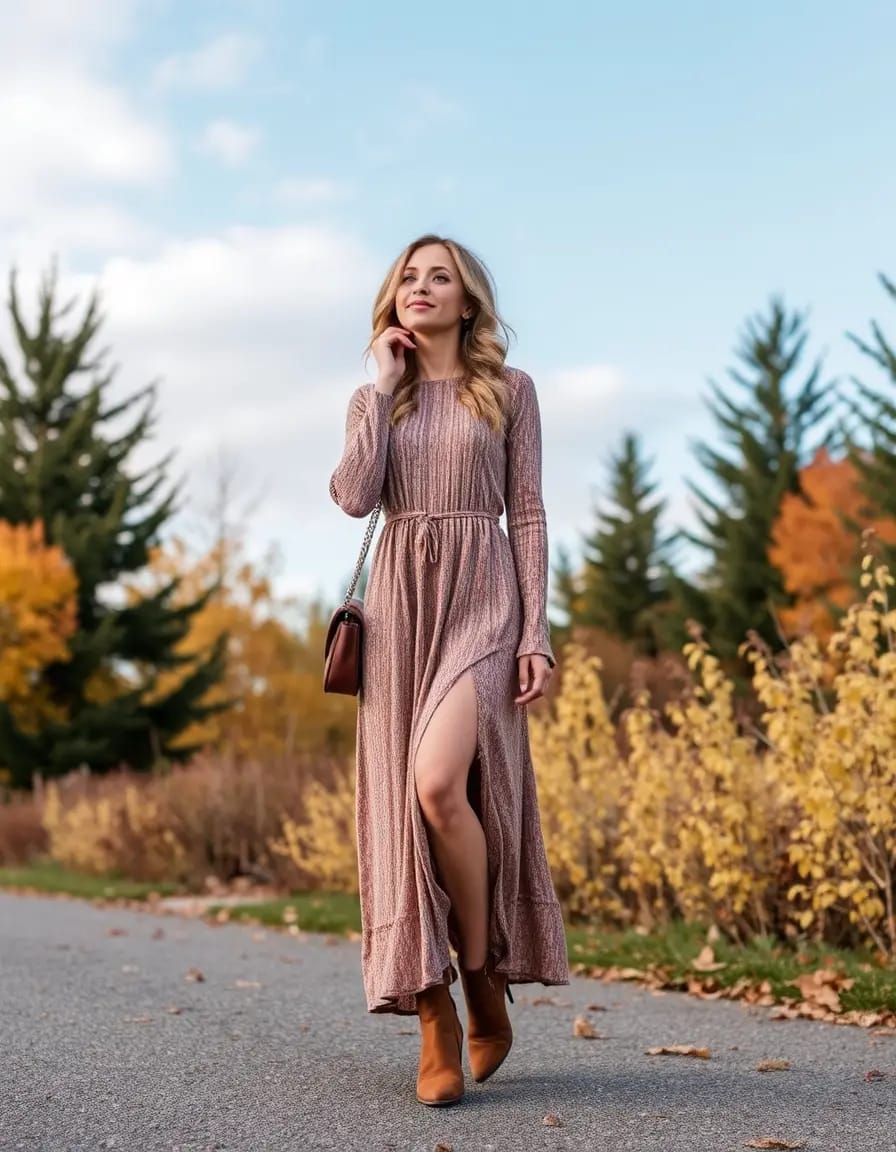 A person look in maxi dress with boots