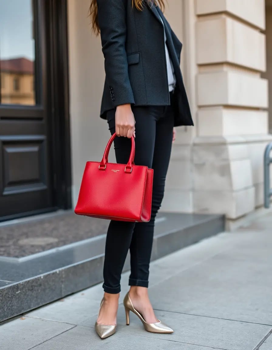 A young women look wearing skinny jeans with holding red handbag