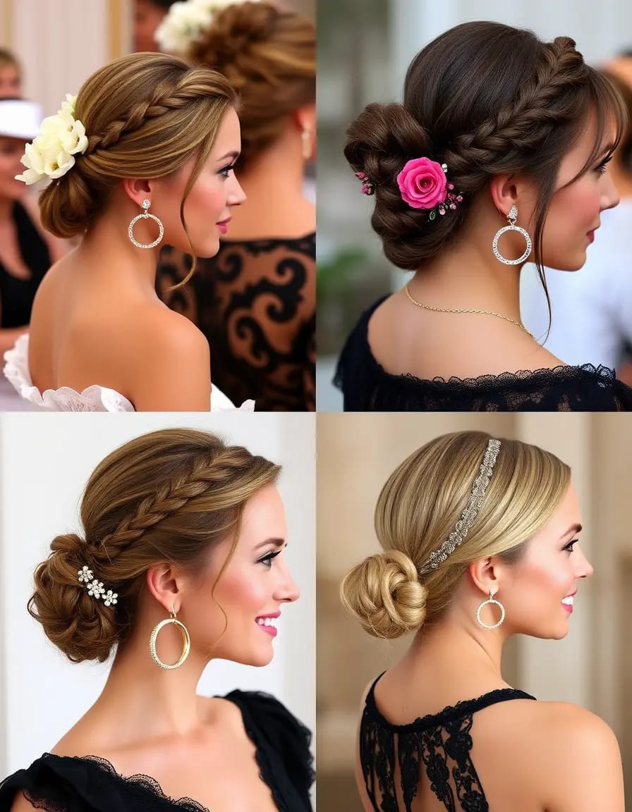 festive hairstyle women look with hoop earrings