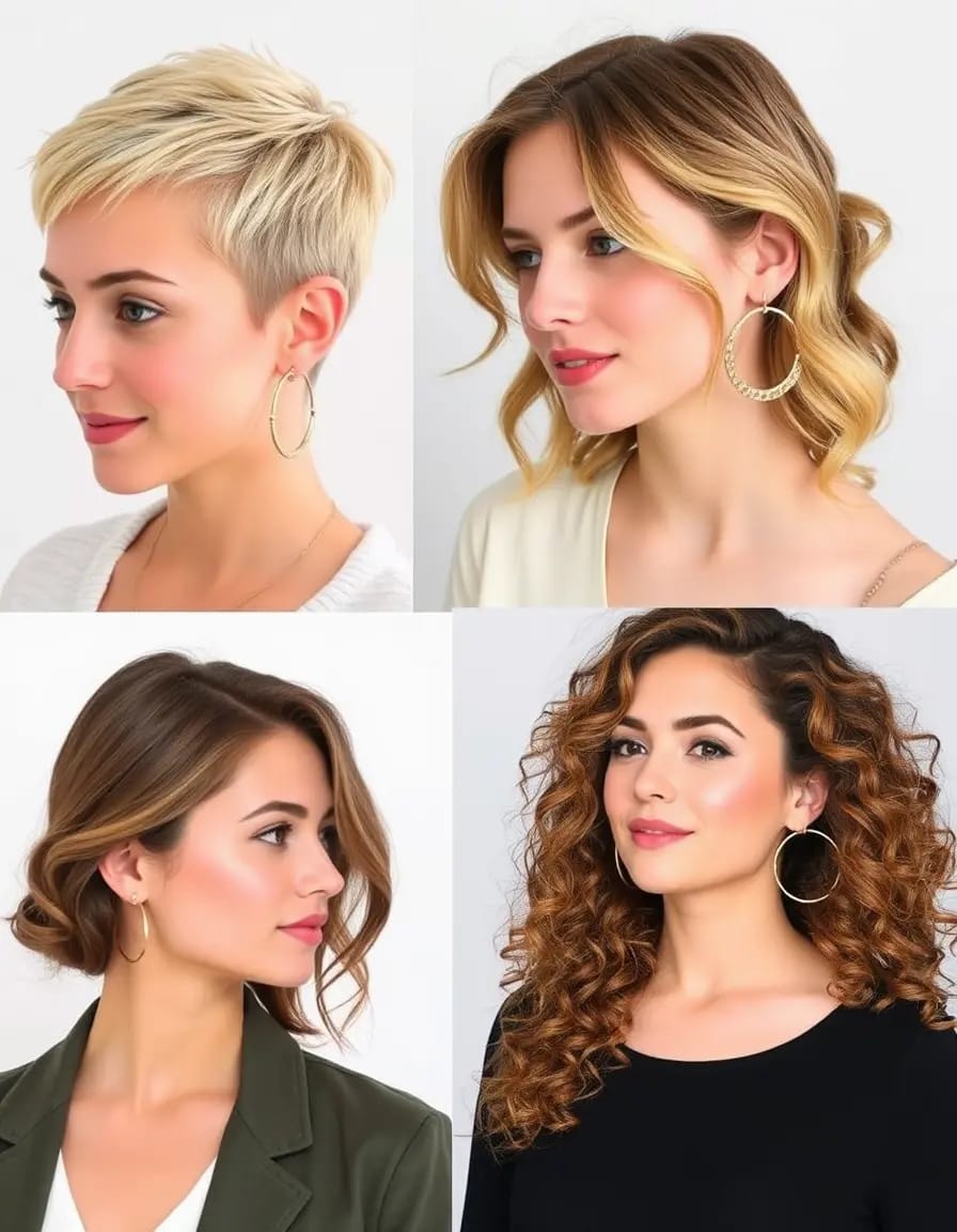 Four women different hair look with hoop earrings