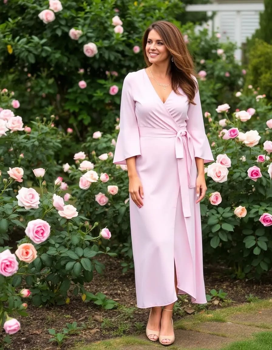 A women in a pastel pink wrap dresses look